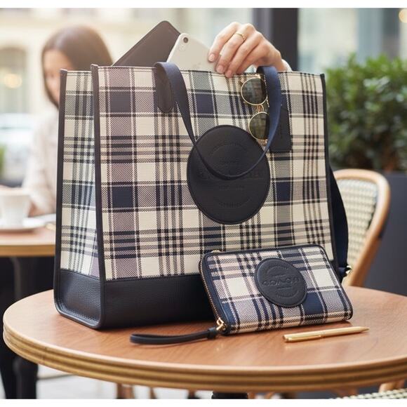 Coach Dempsey Garden Plaid Large Tote Bag W/ Matching Wallet in Navy Blue EUC - Picture 16 of 16